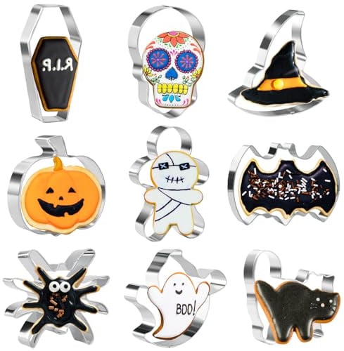 Halloween-Ausstechformen-Set, 9 Stück, Edelstahl, Keksausstecher, Kürbis,Fledermaus, Geist, Katze, Spinne, Sarg, Totenkopf, Lebkuchenmann, Hexenhut