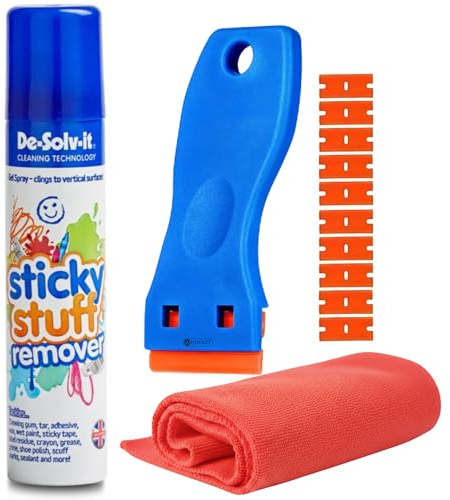 Sticky Stuff Remover Cleaning Kit – 200 ml Gel Spray, Plastic Scraper with 10 Replacement Units, Microfibre Cloth – Removes Stickers, Labels & Adhesive Residue Safely