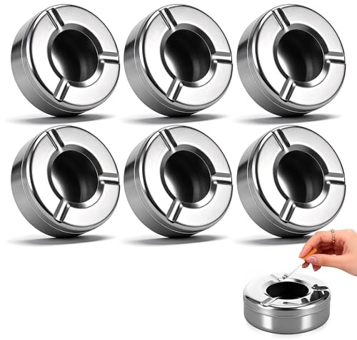 Huiguli 6 Pcs Cigarette Ashtray with Lid, Windproof Stainless Steel Ashtray