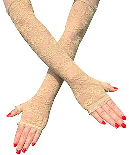 Egurs Spitze Lang Handschuhe Armstulpen Fingerlose Blumenmuster für Oper Hochzeit Party Karneval Tanzen Beige
