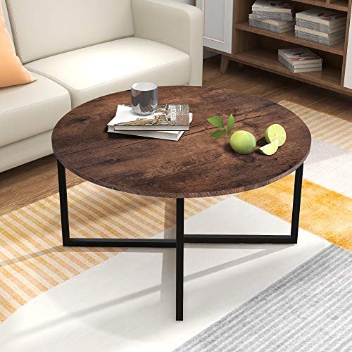 BOFENG Industrieller Couchtisch Rund, Wohnzimmertisch, Teetisch, Beistelltische, Couchtisch mit stabilem Metallrahmen, Vintagebraun-schwarz