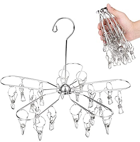 Estoder Foldable Clothes Drying Hanger Stainless Steel Laundry Drying Rack with 20 Clips, Sock Dryer Hanger for Hanging Underwear, Towels, Baby Clothes, Lingerie, Bra, Hat, Scarf, Gloves, Diapers