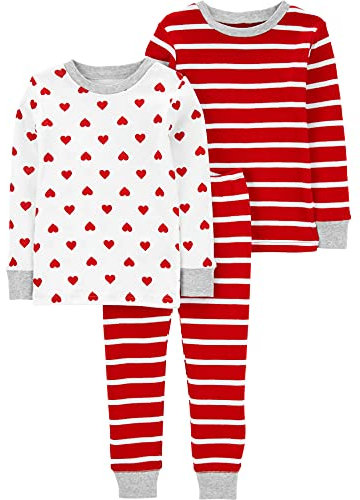 Simple Joys by Carter's Set pigiama in 3 pezzi di San Valentino aderente in cotone Unisex Bambini, Pacco da 3, Bianco Cuori/Rosso Righe, 2 anni