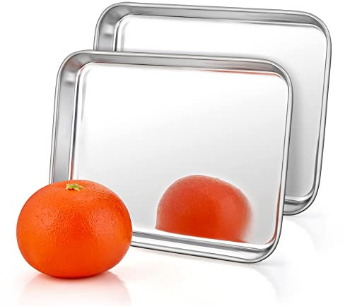 HaWare,Juego de 2 bandejas de horno pequeñas de acero inoxidable para cocinar, hornear, servir, 10.4x8x1 pulgadas, acabado de espejo y libre de óxido, fácil de limpiar y apto para lavavajillas