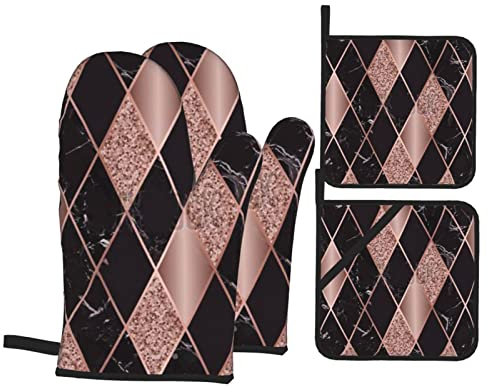 4Pcs Oven Gloves And Pot Holders Rose Gold Marble Pink Black Geometric Oven Glove Thicken Long Quilted Gloves Washable Kitchen Mitts For Cooking, Oven, Microwave