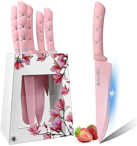 Justup Bloc à couteaux avec couteaux, fleur rose, lot de 6 couteaux de chef tranchants en acier inoxydable avec support acrylique, ensemble de couteaux de chef antidérapants avec revêtement
