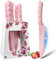 Justup Bloc à couteaux avec couteaux, fleur rose, lot de 6 couteaux de chef tranchants en acier inoxydable avec support acrylique, ensemble de couteaux de chef antidérapants avec revêtement