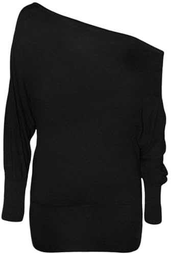 RIDDLED WITH STYLE Womens Batwing Long Sleeve Off Shoulder Top Baggy Shirt Ladies Winter Wear Loose Fit Casual Jumper Top Black UK 12-14