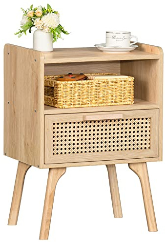 Lerliuo Rattan Nightstand, Boho Side Table with Drawer Open Shelf, Cane Accent Bedside End Table with Solid Wood Legs for Bedroom, Dorm and Small Spaces (Natural)