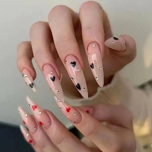 JUSTOTRY 24 Stück Rot und Schwarz Herz Stiletto Nägel Zum Aufkleben Lang,Nude French Künstliche Nägel,Spitz Mandel Kunstnägel Press on Nails,Pretty Fingernägel Fake Nails für Frauen