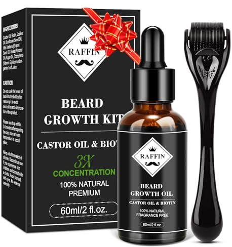 RAFFIN Beard Growth Kit, Beard Growth Oil (2Oz) w/3 X Thickening Biotin & Castor Oil for Spot/Patchy Beard, Achieve Fuller, Thicker, Healthier Beard, Birthday Gifts for Men Him Boyfriend Husband Dad