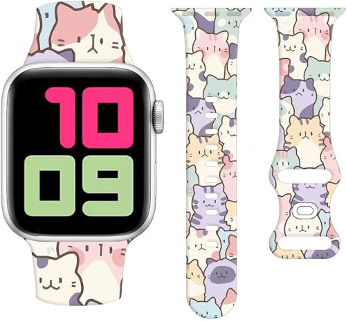 Sport Watch Bands Compatible with Apple Watch Band 38mm 40mm 41mm for Women Men, Adjustable Soft Silicone Replacement Smartwatch Wristband for iWatch Series 7 6 5 4 3 2 1 SE(cute cat)