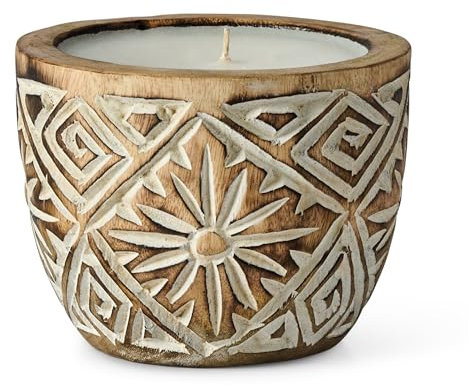 Karmagonia Vela de madera hecha a mano en estilo boho – Vela rústica de madera suar sostenible – Vela decorativa para salón, balcón y baño, vela boho en cuenco de madera
