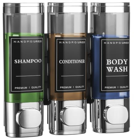 Hejo Dispenser Sapone Bagno a Muro,300ml*3 Dispenser Sapone Doccia,Senza Drilling Dispenser Shampoo e Bagnoschiuma,Dispenser Doccia Muro,Erogatore Sapone Liquido per Unità Vanity e Cucina(Argento)