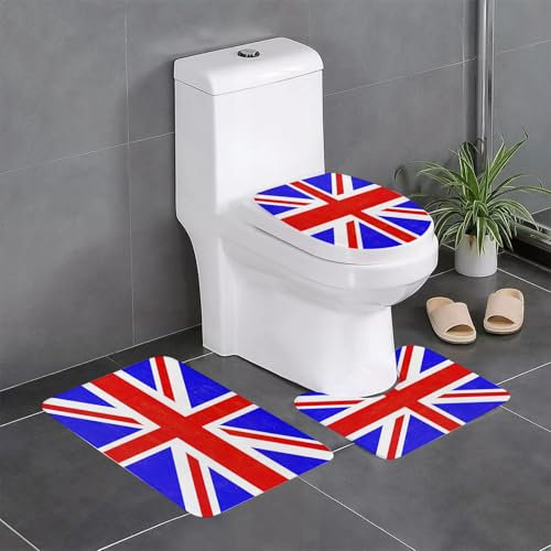 KGDHY 3 Pieces Bath Mat and Toilet Mat Set,British Union Jack Flag,Pattern Quick Dry Bathroom Mats,Non-slip Bathtub Rug for Bathroom Sink Toilet