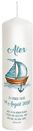 Scheinvoll® Taufkerze Schiff in Blau mit Name, Datum und Spruch - 25 x 8 cm Modell Alex - Personalisiertes Geschenk