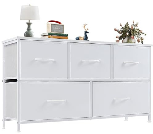 Sweetcrispy Kommode,Sideboard Wohnzimmer für Schlafzimmer mit 5 Stoffschubladen,Einstellbare Füße Schubladenschrank,Komodenschrank für Schlafzimmer,Modernes Weiß