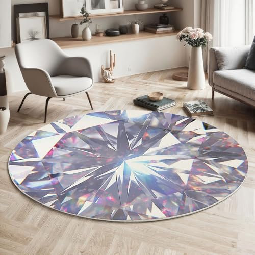 MIATCENRT Rund Wohnzimmer Teppich, Diamant Kaleidoskop Kurzflor Teppiche, Surrealismus Weiche rutschfest Waschbarer Silber Teppich Für Flur Schlafzimmer Verschiedene Szenarien 100cm