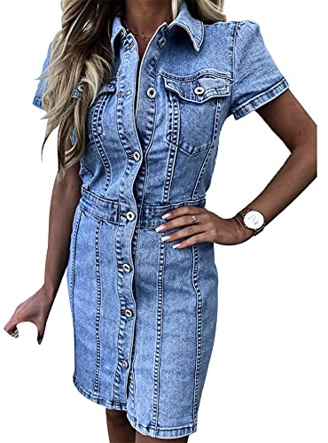 Shevog Button Down Denim Dress for Women's Denim Shirt Dress Short Sleeve Button Up Jean Dresses Blue