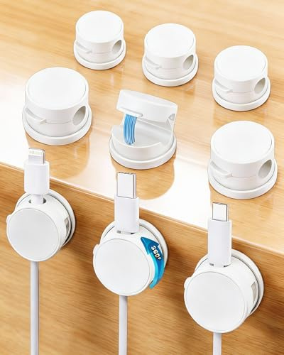 Acual Cable Holder Clips, 9 Pack 360° Rotatable Magnetic Cable Clips, No-Residue Desk Cable Management, Wire Organiser for USB, HDMI, Desk, Car, Office & Home, White