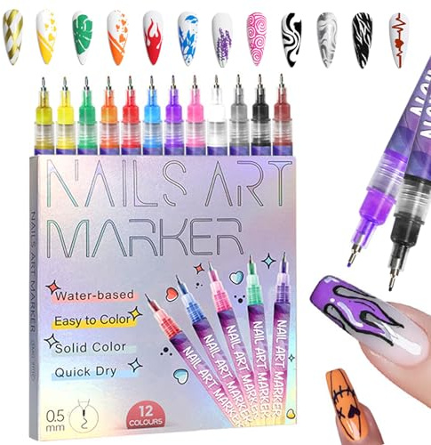 12 Colors Nail Art Pens Set - Nail Art Markers for Painting Nails - 0.5MM Ultra-Fine Tip 3D Nail Polish Pens - Quick-drying Acrylic Nail Art Tools for Graffiti Dotting Drawing Painting Point Liner DIY
