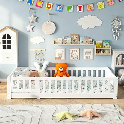 Cama Infantil 90 x 200 cm, Cama de pie con barandillas de Seguridad, somier de láminas Blancas, Apta para niños y niñas