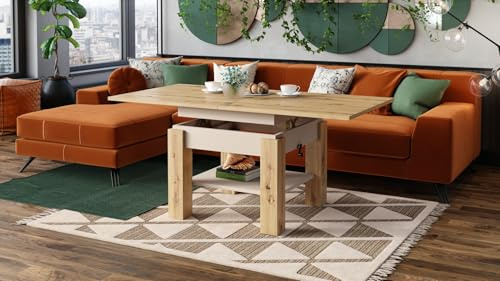 designimpex Cleo Couchtisch aufklappbar höhenverstellbar 75/150 cm in Eiche Artisan/Beige Matt modern Ablage Wohnzimmertisch Esstisch Beistelltisch Sofatisch Couch Tisch Living Room Table Wohnzimmer