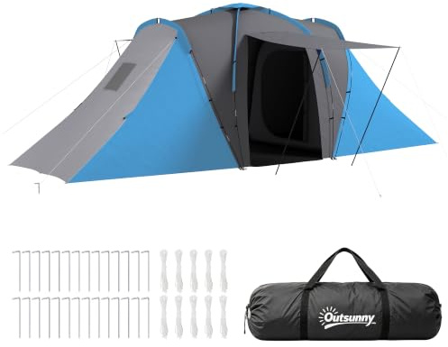 Outsunny Tunnelzelt Campingzelt für 4 Personen mit 2 Schlafzimmern | Wohnbereich, groß Familienzelt mit Tragetasche, 2000mm Wasserabweisend Gruppenzelt, für Garten, Camping