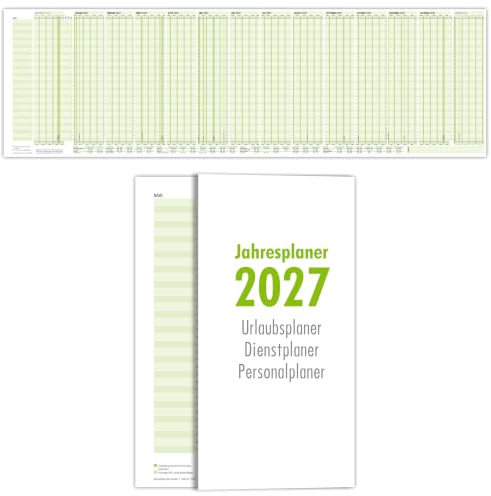 PRIMUS PRINT - Jahresplaner Urlaubsplaner Personal & Dienstplaner 2027 | faltbar, gefalzt, gelocht im Format 980x297 mm – Wandkalender 14 Monate inkl. Ferien und Feiertage - 34 Mitarbeiter