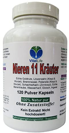 NIEREN 11 Kräuter Nierenkräuter 120 Kapseln NATUR pur Goldrute Eibisch Bärentraube Wasserhanf Brennnessel Schachtelhalm uvm - OHNE Zusatzstoffe [für 2 Monate] 26309-120