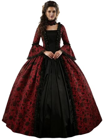 CountryWomen 18th Century Damen Rokoko Ballkleid Druck Lang Gothic Viktorianisches Kleid Maskerade Thema Kleider(rot/schwarz,3XL)