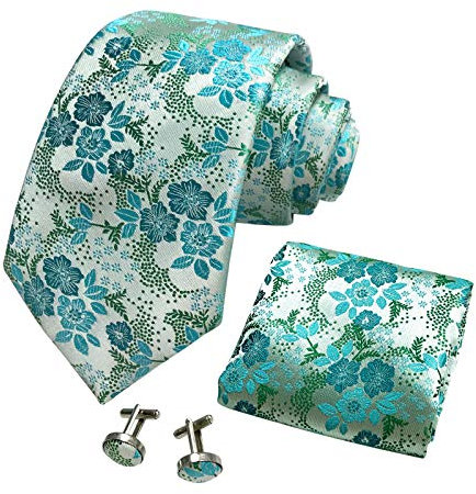 CANGRON Herren Mintgrünes Blumenmuster Krawatte Set Krawatte mit Einstecktuch Manschettenknöpfe Geschenkbox DLSH8QL