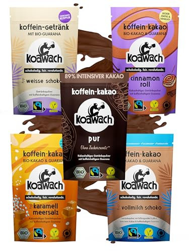 koawach Starter Set - Koffein Kakao Guarana Vegan heiße Schokolade Geschenkset Getränk weniger Zucker Kokosblütenzucker Energy Drink Backkakao Bio Fairtrade (5x100g)