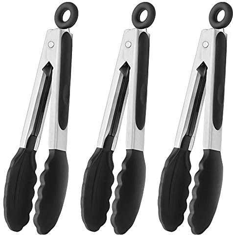 HINMAY Small Tongs with Silicone Tips 7-Inch Kitchen Tongs Mini Food Tongs, Set of 3 (Black)