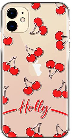 Personalised Phone Case For Apple iPhones, 14, 13, 12, 11, Pro Max, Mini, XR, XS, Red Cherry Design Print with Red Name/Initials on Clear Case, Hard Cover