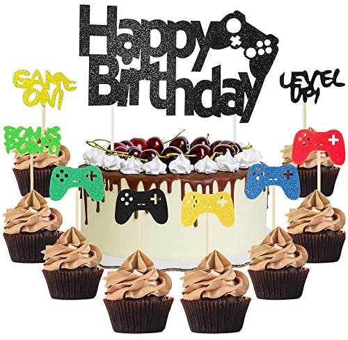 MEZHEN Glitter Tortendeko Videospiel Kuchen Deko Geburtstag Game On Kuchen Toppers Gaming Muffin Deko Torte Happy Birthday Kindergeburtstag Deko 25 Stück