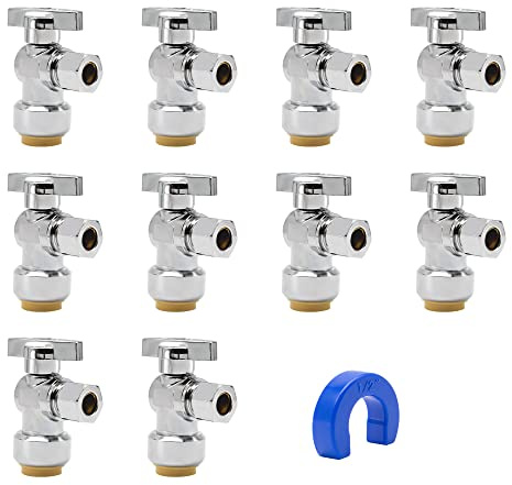 PURAGEIR 10 Pack Pushfit Angle Stop Faucet Valve, 1/2 Push-Fit x 3/8 Comp, Quarter Turn 1/2 Nom x 3/8 Compression Shut Off Water Valve, Pex, Copper,Cpvc,Brass