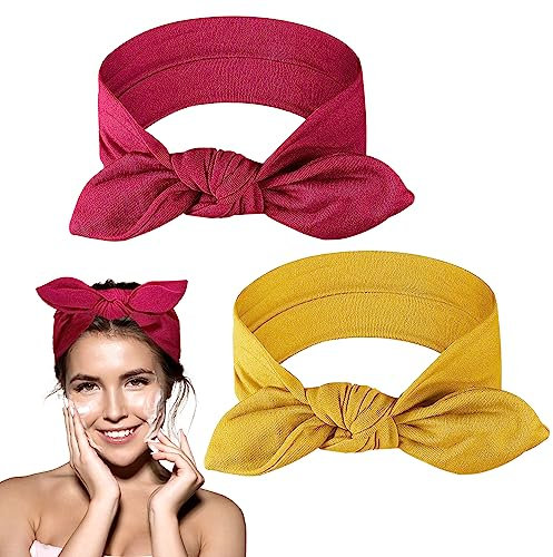 2 Stück Stirnbänder für Damenhaare, Damen-Stirnbänder, breite Stirnbänder für Damen, elastisches Kopfband, Damen-Schleifen, Haar-Accessoires für Mädchen, Damen, Yoga, Sport (rot und gelb)