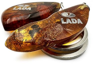 AET AUTOTEILE Naturbernstein Schlüsselanhänger Lada Logo silber natur Schaliza