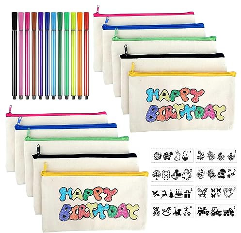 JurciCat 10 Stück Stoff Federmäppchen mit 12 Farbigen Stiften und 8 Pcs Zeichenvorlagen Taschen zum Bemalen für Basteln Kindergeburtstag Gastgeschenke Mitgebsel Kindergeburtstag