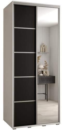 MEBLE KRYSPOL Davos 5 110 Schrank mit Zwei Schiebetüren für Schlafzimmer - Moderner Schrank mit Spiegel, Kleiderstange und Regalen - 235,2x110x60 cm - Weiß Schwarz Silber