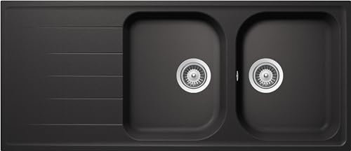 SCHOCK | Fregadero de cocina Lithos D200 2 senos con escurridor, bañera reversible, material Cristalite®, negro absoluto, 1160 x 500 mm