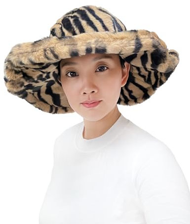 Lina & Lily Damen Winter Fischerhut mit breiter Krempe aus Kunstfell (Tiger Braun Schwarz)