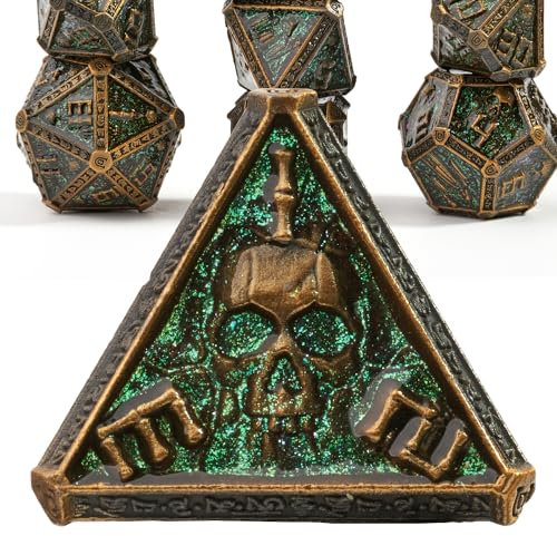willmove Set di dadi poliedrici in metallo a forma di teschio per dungeons and drons, DND Cthulhu DCC, unici giochi di ruolo, accessori scheletrati in ottone verde
