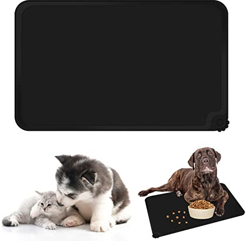 Dog Cat Food Mat, Non-Slip Waterproof Silicone Pet Feeding Bowl Mat for Water and Food, 47x30cm (Black)