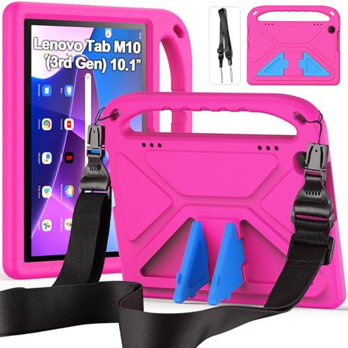 RollinCase Funda Infantil para Lenovo Tab M10 3rd Gen 10.1 (TB-328FU/TB-328XU) 2022, Carcasa Antigolpes con Asa y Correa (No para Lenovo Tab M10 Plus 3rd Gen 10.6 Pulgadas), Magenta