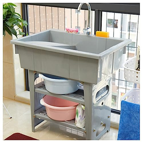 Évier en plastique avec planche à laver – Évier à linge autonome pour cuisine, camping-car, garage, jardin – Station de lavage des mains portable pour usage intérieur et extérieur