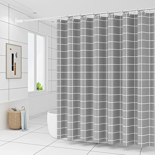 Calefee Rideau Salle de Bain Douche 300x200, Rideau de Douche Peva Motif Carreaux Gris, Rideau Salle de Bain Douche Imperméable avec Oeillets