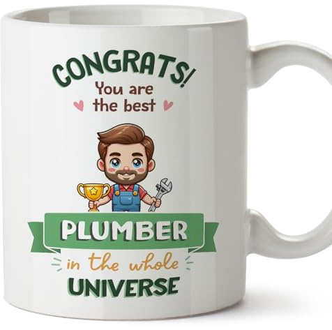 MUGFFINS Plumber Man Mug - in English - Best in Universe Trophy - Funny Gift for Colleagues - Ceramic 11oz Mug