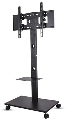 KINGLD Carrello Porta TV con Supporto da Pavimento inclinabile e Regolabile in Altezza, con Ruote bloccabili, Cavo HD a Due Ripiani for 32-65 Pollici per TV/Monitor/PC
